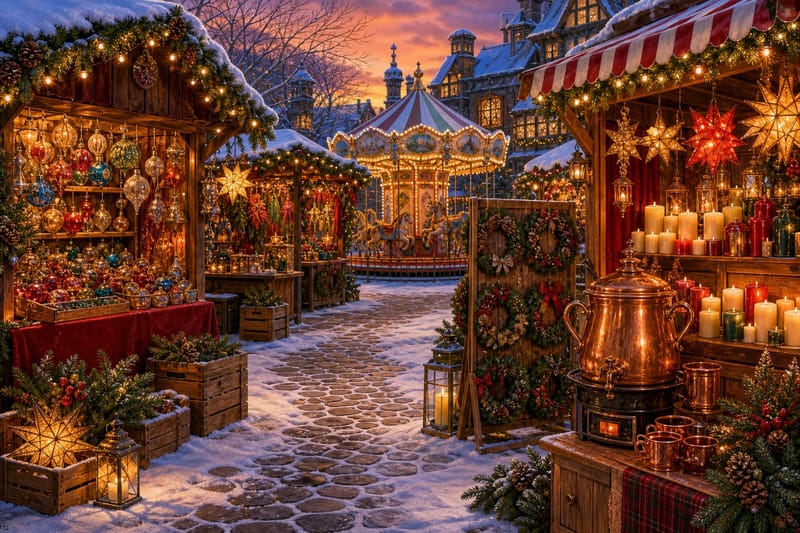 Christmas Market Stalls at Dusk jigsaw puzzle artwork