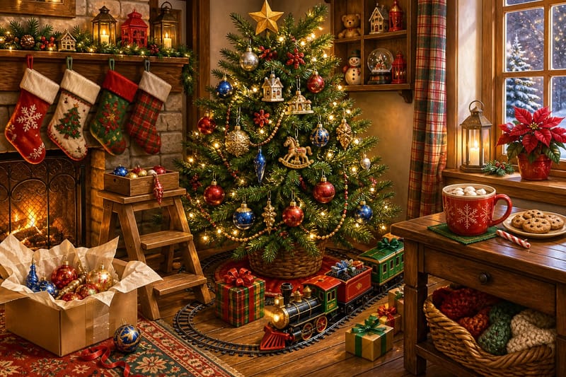 Christmas Tree Trimming Corner jigsaw puzzle artwork