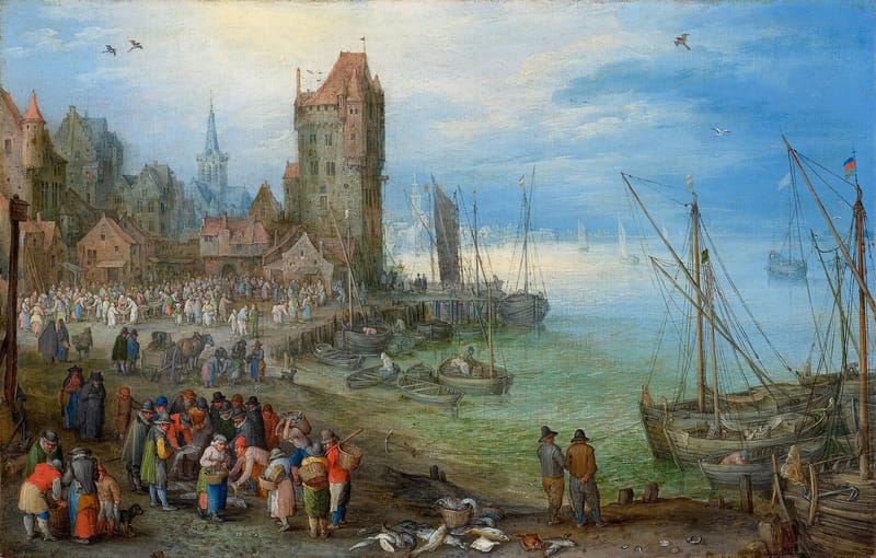 Harbour scene with fish market jigsaw puzzle artwork