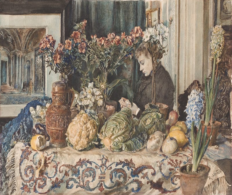 Interior Still Life with a Girl, Flowers and Vegetables jigsaw puzzle artwork