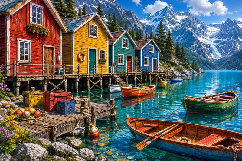 Glacial Lake Boathouses jigsaw puzzle artwork