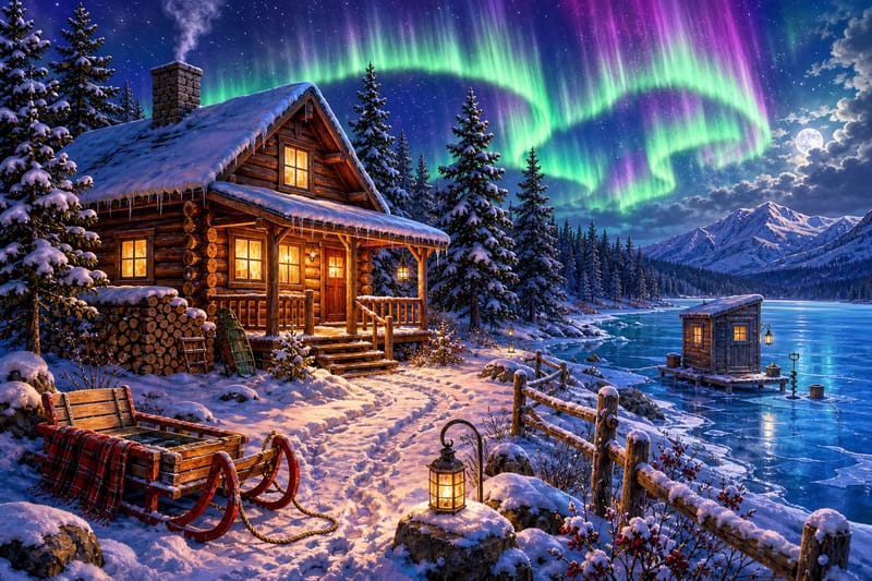 Northern Lights Cabin jigsaw puzzle artwork