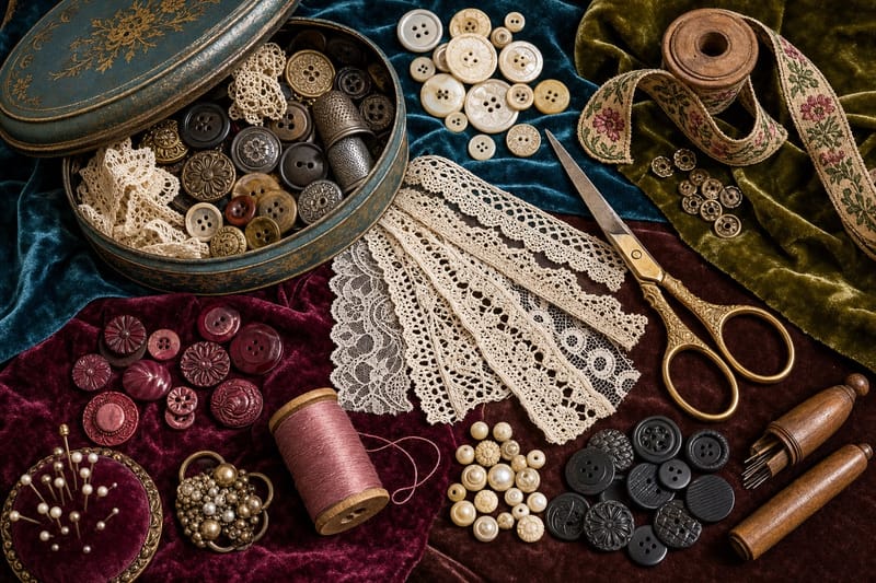 Vintage Notions Tin Flatlay jigsaw puzzle artwork