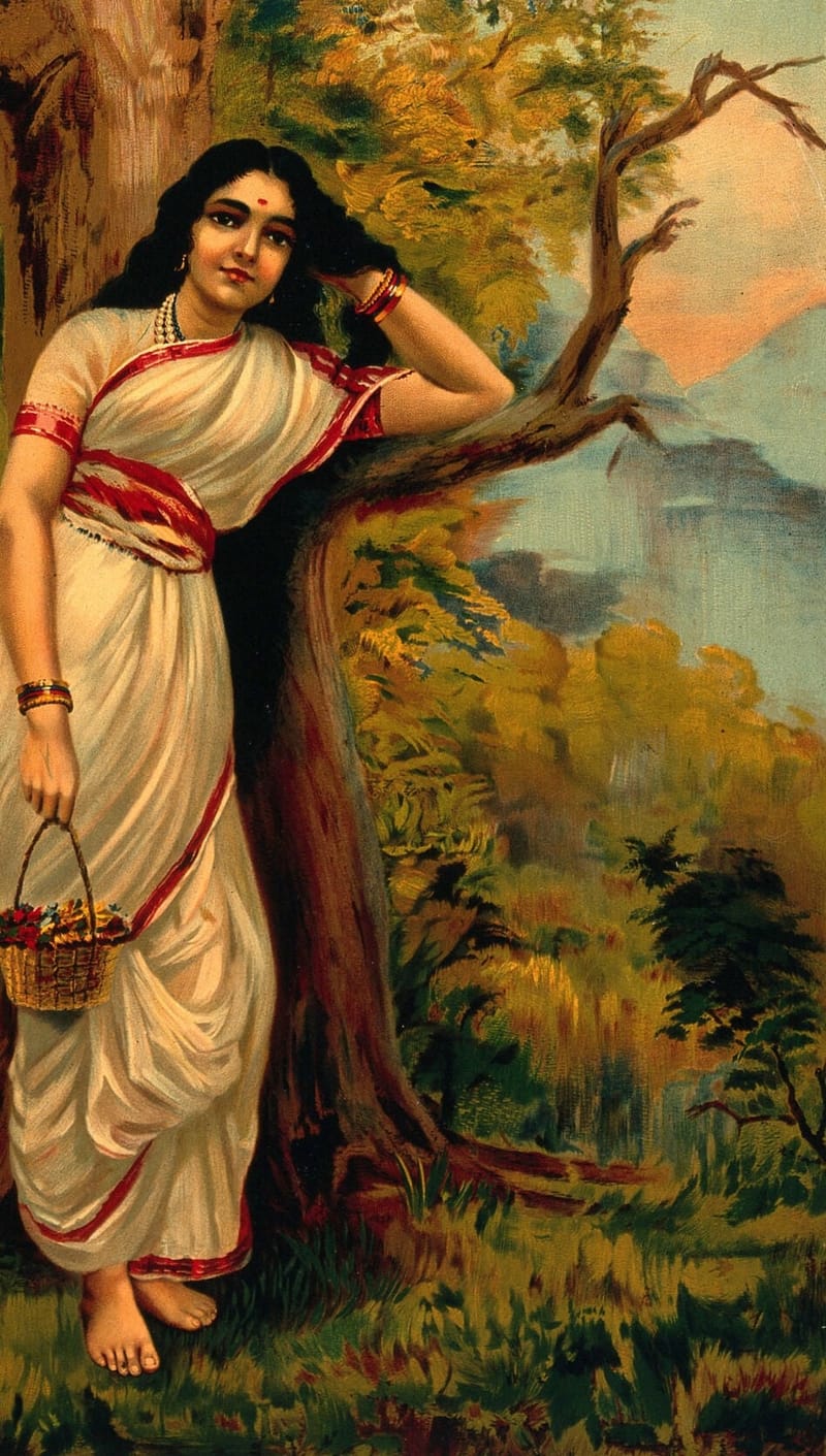 Ahalya leaning on tree. Chromolithograph by R. Varma. jigsaw puzzle artwork