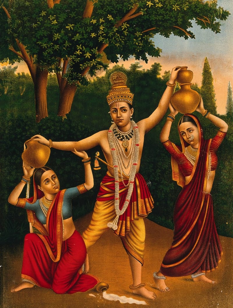 Krishna spilling the milk maids pots. Chromolithograph. jigsaw puzzle artwork