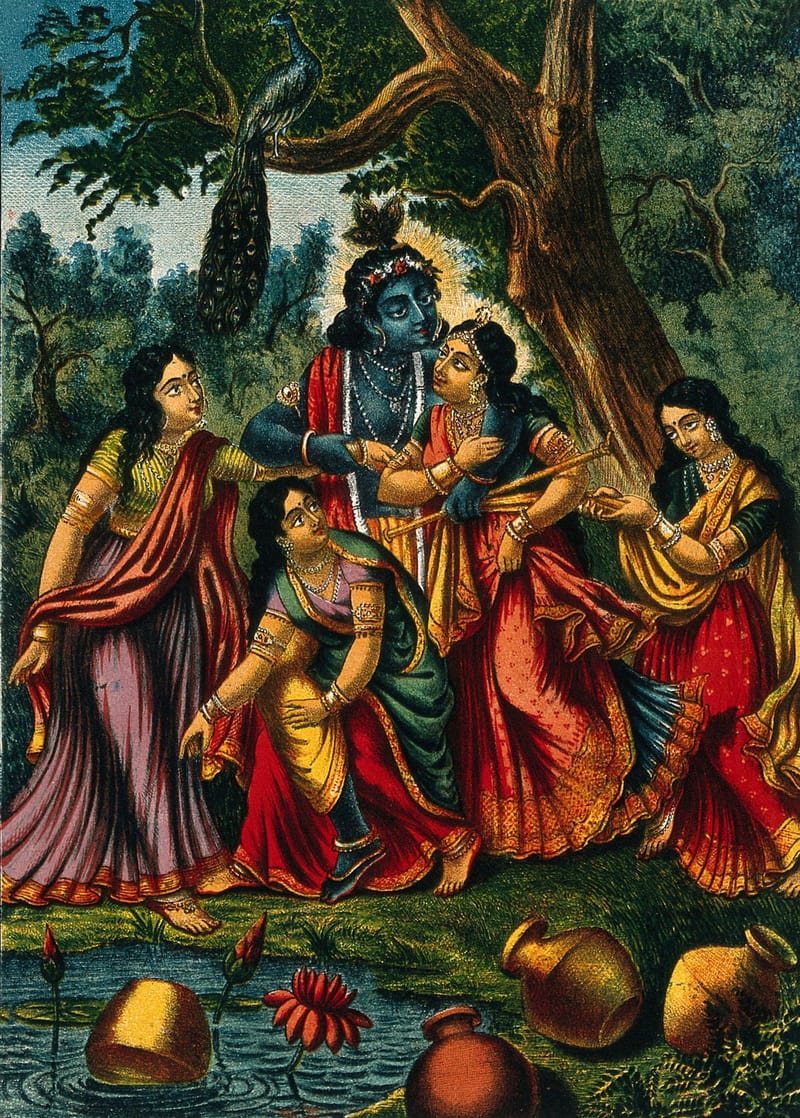Krishna with Radha and three gopis. Chromolithograph. jigsaw puzzle artwork