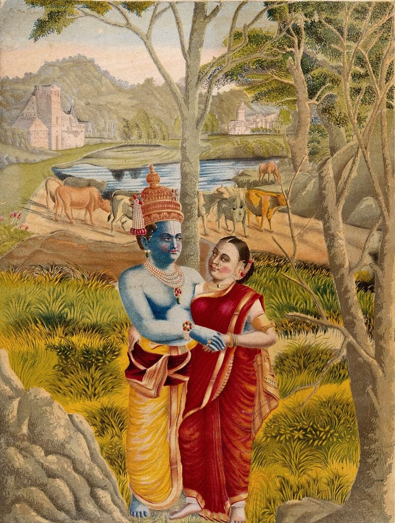 Radha and Krishna Embrace in the Countryside jigsaw puzzle artwork